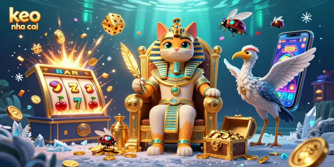Engage with keo nha cai through dynamic 3D illustration of a pharaoh cat in a vibrant casino setting.