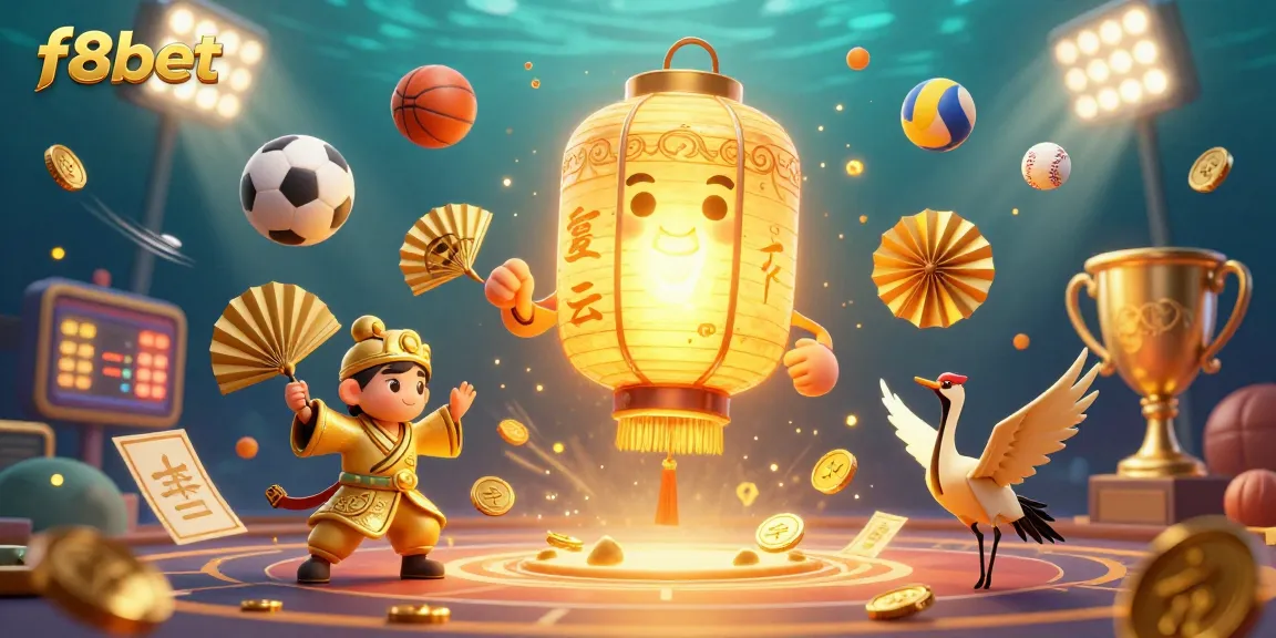 Engage in thrilling gameplay at F8BET's vibrant casino with golden gambling symbols and dynamic sports actions.