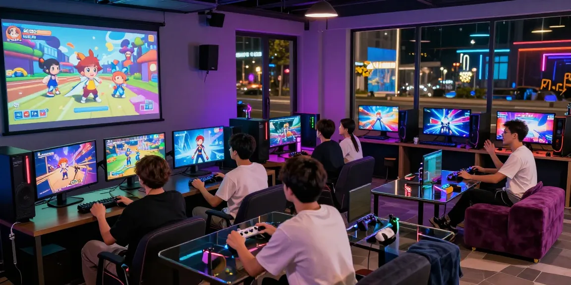 Friends enjoying a free ecchi game in a vibrant gaming lounge with colorful graphics and neon lights.