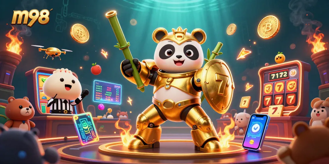 m98 showcases a lively 3D casino scene blending mech-suit pandas and slot game excitement.