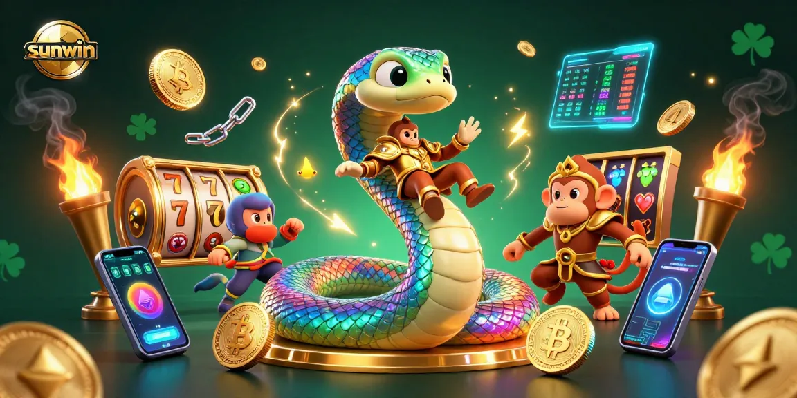Experience the vibrant world of sunwin, featuring a colorful scene with slots and crypto coins.