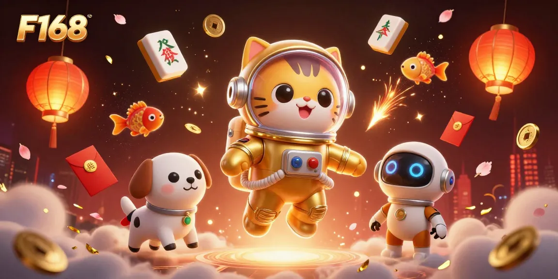 Engage in thrilling gameplay at F168, featuring a cosmic cat, robot dog, and sparkling gambling elements.