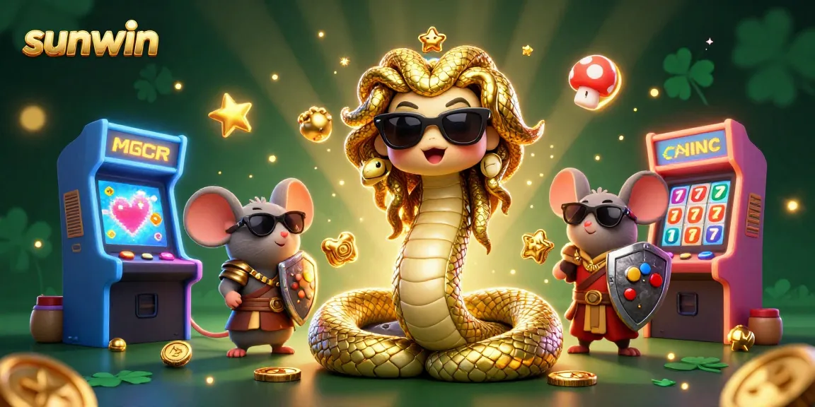Join the excitement at Sunwin with Medusa and a warrior mouse amidst a vibrant casino arcade scene.